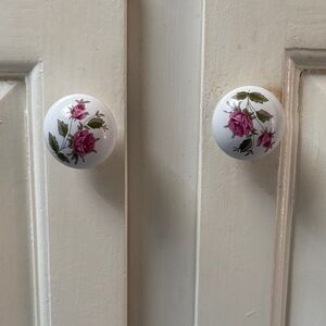 2 Pink Rose Ceramic Cabinet Knob - Floral Decorative with screw hardware